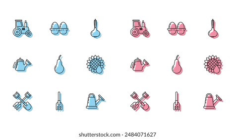 Set line Shovel and rake, Garden, Tractor, Watering can, Pear, Sunflower,  and Chicken egg box icon. Vector