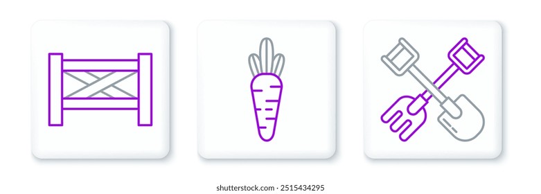 Set line Shovel and rake, Garden fence wooden and Carrot icon. Vector