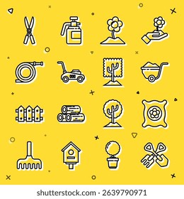Set line Shovel and rake, Pack full of seeds of plant, Wheelbarrow with dirt, Flower, Lawn mower, Garden hose or fire hose, Gardening handmade scissors and Tree icon. Vector