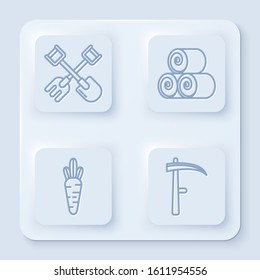 Set line Shovel and rake, Roll of hay, Carrot and Scythe. White square button. Vector