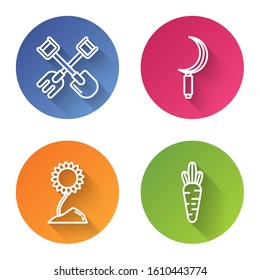 Set line Shovel and rake, Sickle, Sunflower and Carrot. Color circle button. Vector