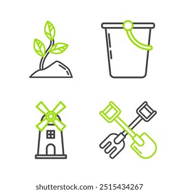 Set line Shovel and rake, Windmill, Bucket and Sprout icon. Vector