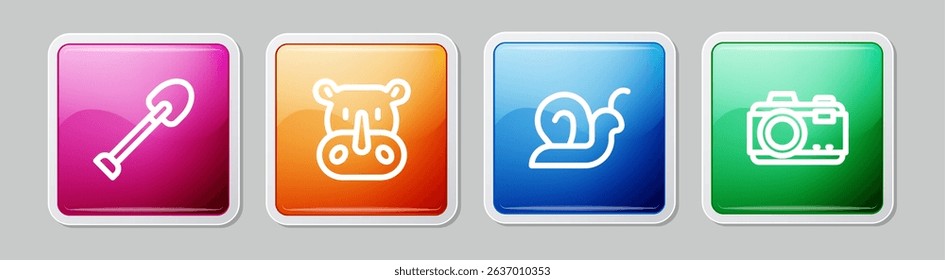 Set line Shovel, Rhinoceros, Snail and Photo camera. Colorful square button. Vector