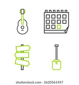 Set line Shovel, Road traffic signpost, Calendar and Guitar icon. Vector