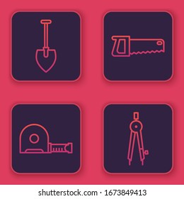 Set line Shovel, Roulette construction, Hand saw and Drawing compass. Blue square button. Vector