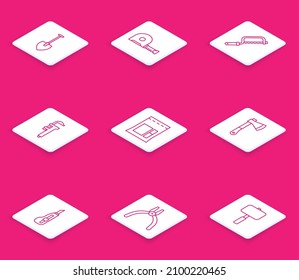 Set line Shovel, Roulette construction, Hacksaw, Calliper or caliper and scale, Cement bag, Wooden axe, Stationery knife and Pliers tool icon. Vector