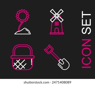 Set line Shovel, Shopping basket, Windmill and Sunflower icon. Vector
