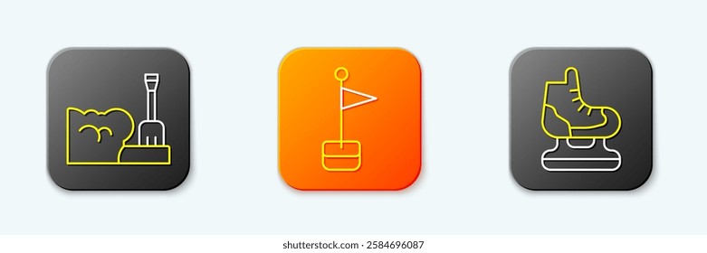 Set line Shovel in snowdrift, Location marker and Skates icon. Vector