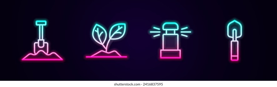 Set line Shovel, Sprout, Automatic irrigation sprinklers and Garden trowel spade or shovel. Glowing neon icon. Vector