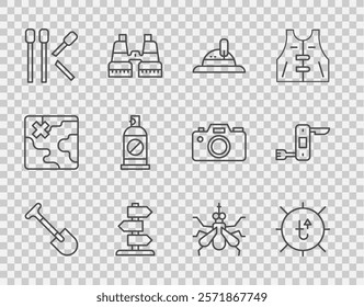 Set line Shovel, Sun, Hunter hat, Road traffic sign, Matches, Spray against insects, Mosquito and Swiss army knife icon. Vector