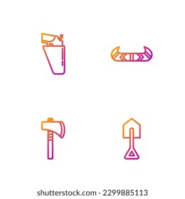 Set line Shovel, Tomahawk axe, Revolver gun in holster and Kayak or canoe and paddle. Gradient color icons. Vector