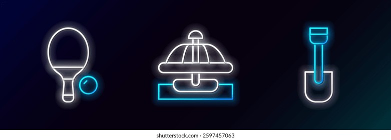 Set line Shovel toy, Racket and ball and Attraction carousel icon. Glowing neon. Vector