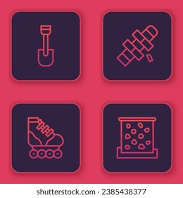 Set line Shovel toy, Roller skate, Hopscotch and Climbing wall. Blue square button. Vector