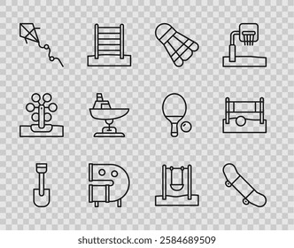 Set line Shovel toy, Skateboard trick, Badminton shuttlecock, Kid playground slide pipe, Kite, Swing boat,  and Volleyball net with ball icon. Vector