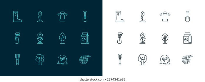 Fijar la línea Shovel, Tree, Leaf, Flower, aspersores de riego automáticos, funda de goma impermeable e icono de tulipán. Vector