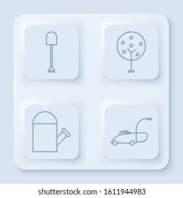 Set line Shovel, Tree, Watering can and Lawn mower. White square button. Vector