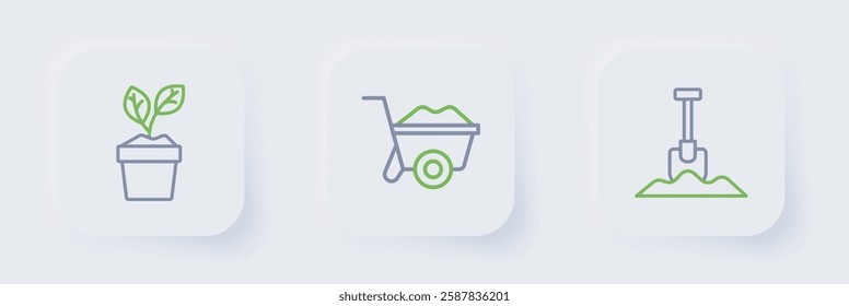 Set line Shovel, Wheelbarrow and Plant in pot icon. Vector