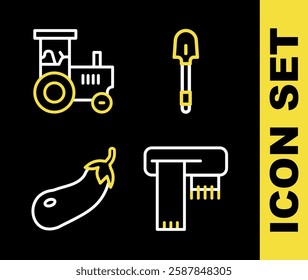 Set line Shovel, Winter scarf, Eggplant and Tractor icon. Vector