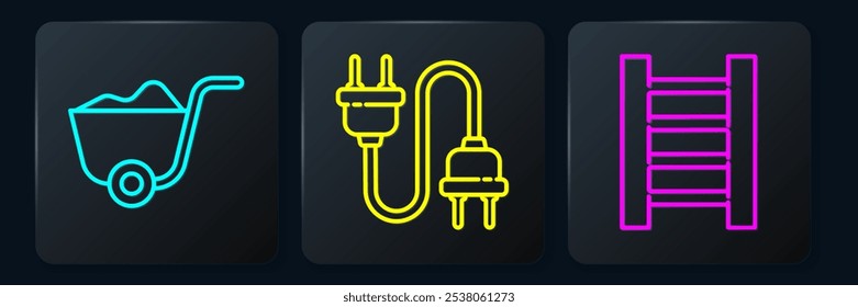 Set line Shovel, Wooden staircase and Electric plug. Black square button. Vector