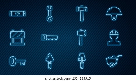 Set line Shovel, Worker safety helmet, Hammer, Hand saw, Road barrier, Construction bubble level, Wooden axe and Wrench spanner icon. Vector