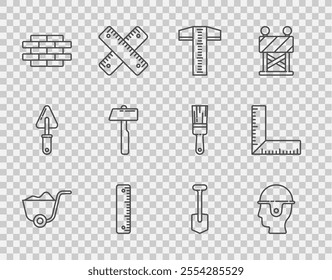 Set line Shovel, Worker safety helmet, T-square line, Ruler, Bricks, Hammer,  and Corner ruler icon. Vector