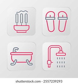 Set line Shower, Bathtub, Flip flops and Incense sticks icon. Vector