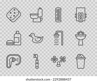 Set line Shower, Bucket with soap suds, Hairbrush, Electric toothbrush, Sponge, Rubber duck, Water tap and Washbasin water icon. Vector