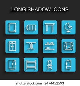 Set line Shower cabin, Bunk bed, Picture, Chair, Refrigerator, Round table, Window with curtains and Shelf books icon. Vector