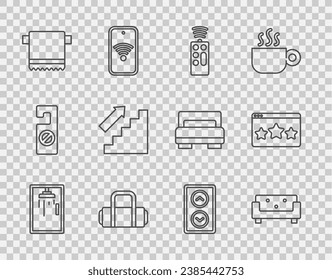 Set line Shower cabin, Sofa, Remote control, Suitcase, Towel hanger, Stairs up, Lift and Five stars rating review icon. Vector