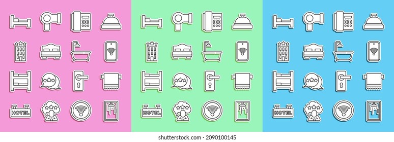 Set line Shower cabin, Towel on hanger, Mobile with wi-fi wireless, Telephone handset, Hotel room bed, building,  and Bathtub shower icon. Vector
