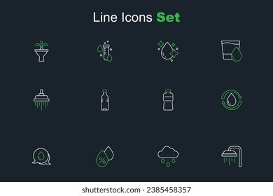 Set line Shower, Cloud with rain, Water drop percentage, speech bubbles, Recycle clean aqua, Bottle of water,  and  icon. Vector