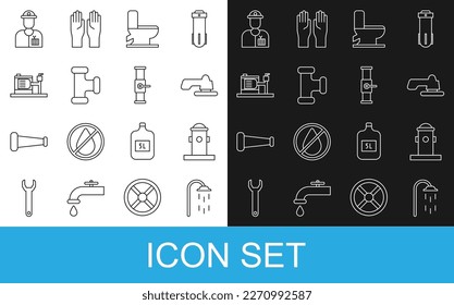 Set line Shower, Fire hydrant, Water tap, Toilet bowl, Industry metallic pipe, Electric water pump, Plumber and and valve icon. Vector