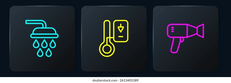Set line Shower, Hair dryer and Sauna thermometer. Black square button. Vector
