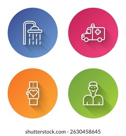 Set line Shower head, Ambulance and emergency car, Smart watch and Positive thinking. Color circle button. Vector