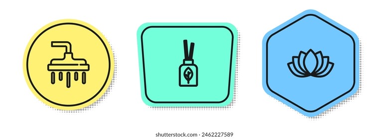 Set line Shower head, Aroma diffuser and Lotus flower. Colored shapes. Vector