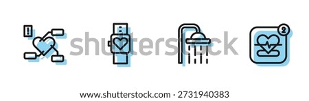 Set line Shower head, Attention to health heart, Smart watch and Mobile with rate icon. Vector