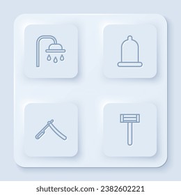 Set line Shower head, Condom, Straight razor and Shaving. White square button. Vector