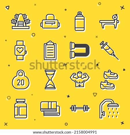 Set line Shower head, Sport sneakers, Doping syringe, Punching bag, training program, Smart watch, Metal rack with weights and Chest expander icon. Vector