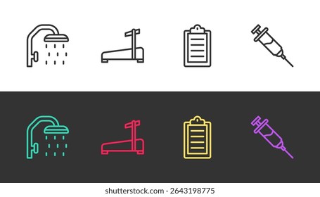 Set line Shower head, Treadmill machine, Sport training program and Doping syringe on black and white. Vector