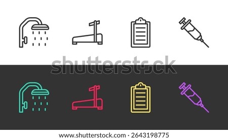 Set line Shower head, Treadmill machine, Sport training program and Doping syringe on black and white. Vector