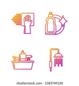 Set line Shower head with water drops flowing , Plastic bottles for liquid dishwashing liquid, Cleaning service  and Plastic bottles for liquid dishwashing liquid. Gradient color icons. Vector