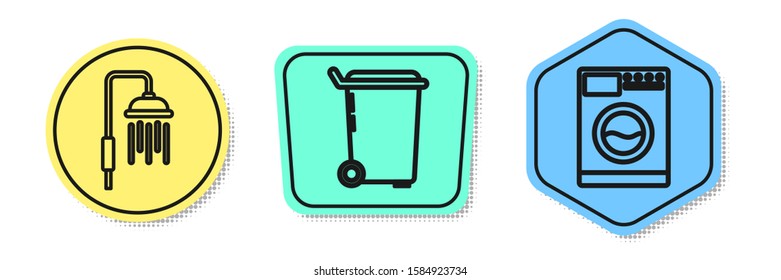 Set line Shower head with water drops flowing , Trash can  and Washer . Colored shapes. Vector