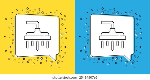 Set line Shower head with water drops flowing icon isolated on yellow and blue background.  Vector