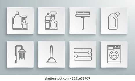 Cabezal de ducha con gotas de agua que fluyen, botellas de plástico para líquido lavavajillas líquido, émbolo de inodoro, pila de toallas, lavadora, exprimidor, raspador, limpiaparabrisas e icono. Vector