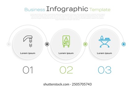 Set line Cabezal de ducha, Suelo húmedo y Plancha y tabla de planchar. Plantilla de infografía de negocios. Vector