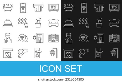 Línea de ducha, Hotel Building, Bedroom, Tarjeta de crédito, Calificación de estrellas, campana de servicio, Bañera y botella de champán icono. Vector