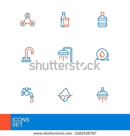 Set line Shower, Iceberg, Water tap, drop with speech bubbles, Big bottle clean water and Bottle of glass icon. Vector