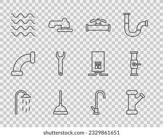 Set line Shower, Industry metallic pipe, and valve, Rubber plunger, Wave, Wrench spanner, Water tap and  icon. Vector