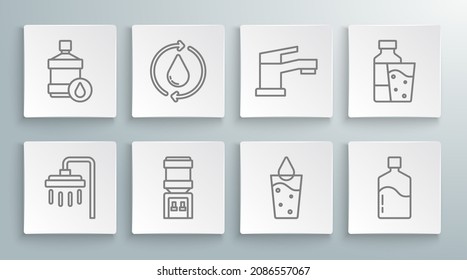 Die Dusche, Wasserkühler rezyklieren, Wasser-Kühler, Glas mit Wasser, große Flasche, Wasserhahn, Glasflasche und Ikone. Vektorgrafik