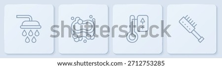 Set line Shower, Sauna thermometer, Bar of soap and brush. White square button. Vector